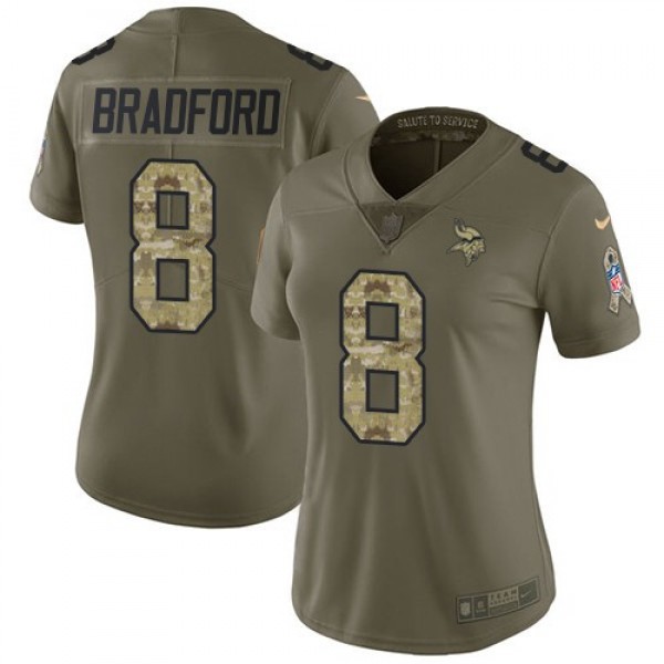 Women's Vikings #8 Sam Bradford Olive Camo Stitched NFL Limited 2017 Salute to Service Jersey