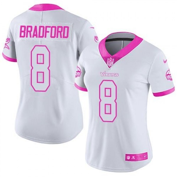 Women's Vikings #8 Sam Bradford White Pink Stitched NFL Limited Rush Jersey