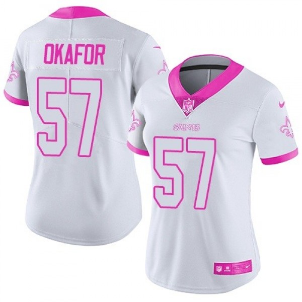 Women's Saints #57 Alex Okafor White Pink Stitched NFL Limited Rush Jersey