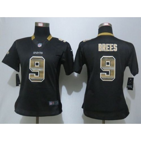 Women's Saints #9 Drew Brees Black Team Color Stitched NFL Elite Strobe Jersey