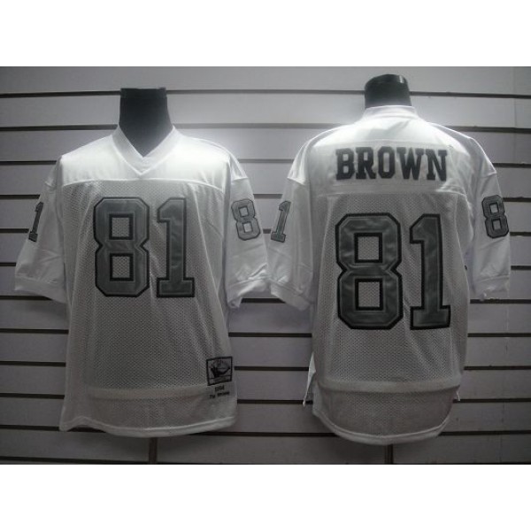 Mitchell And Ness 1994 Raiders #81 T.Brown White Silver No. Stitched NFL Jersey With 75TH Anniversary Patch