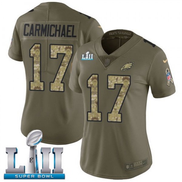 Women's Eagles #17 Harold Carmichael Olive Camo Super Bowl LII Stitched NFL Limited 2017 Salute to Service Jersey