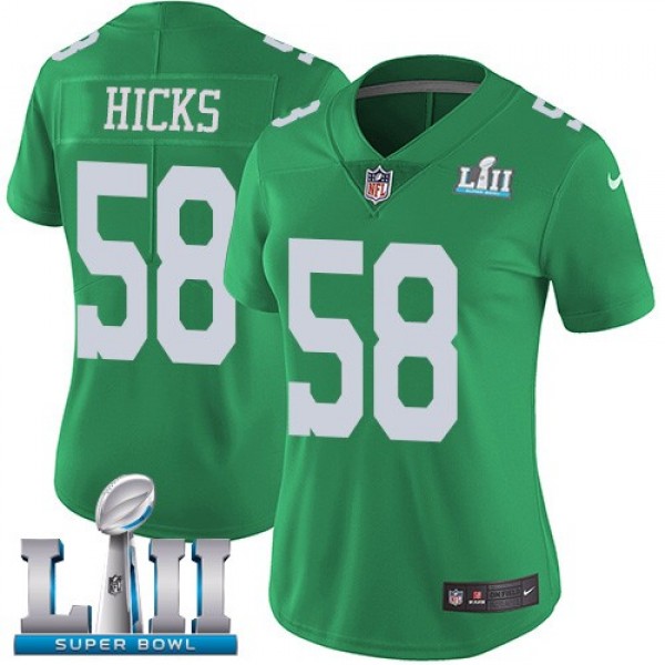 Women's Eagles #58 Jordan Hicks Green Super Bowl LII Stitched NFL Limited Rush Jersey
