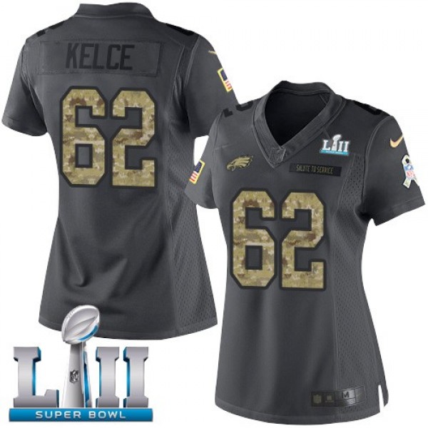 Women's Eagles #62 Jason Kelce Black Super Bowl LII Stitched NFL Limited 2016 Salute to Service Jersey