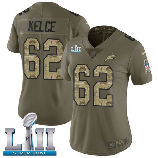 Women's Eagles #62 Jason Kelce Olive Camo Super Bowl LII Stitched NFL Limited 2017 Salute to Service Jersey