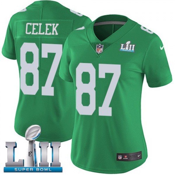 Women's Eagles #87 Brent Celek Green Super Bowl LII Stitched NFL Limited Rush Jersey