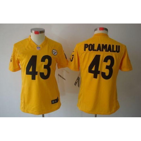 Women's Steelers #43 Troy Polamalu Gold Stitched NFL Limited Jersey