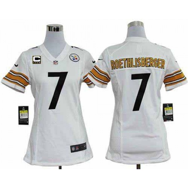 Women's Steelers #7 Ben Roethlisberger White With C Patch Stitched NFL Elite Jersey