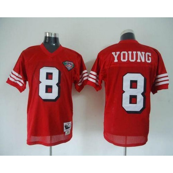Mitchell And Ness 75TH 49ers #8 Steve Young Red Stitched Throwback NFL Jersey