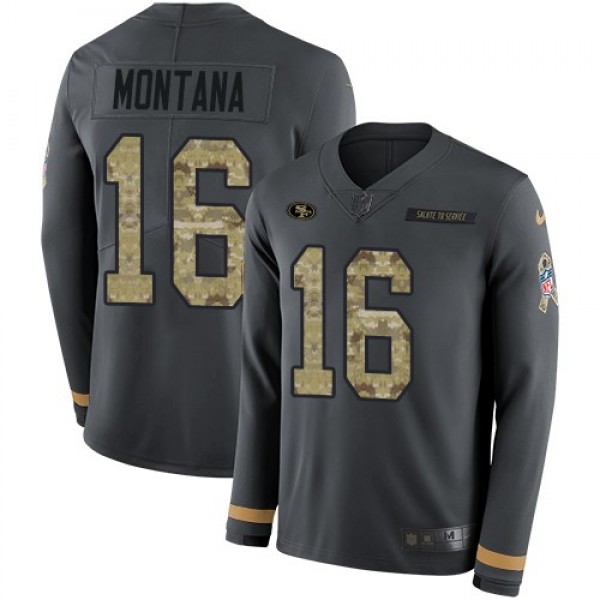Nike 49ers #16 Joe Montana Anthracite Salute to Service Men's Stitched NFL Limited Therma Long Sleeve Jersey