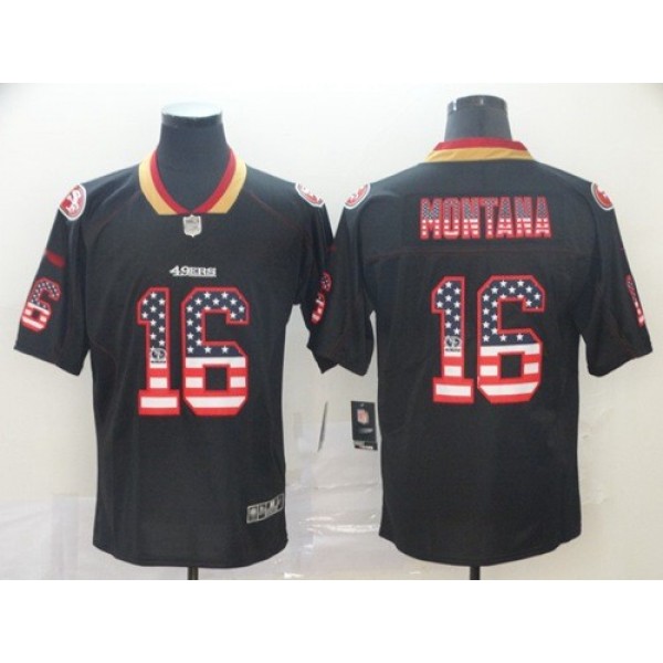 Nike 49ers #16 Joe Montana Black Men's Stitched NFL Limited Rush USA Flag Jersey