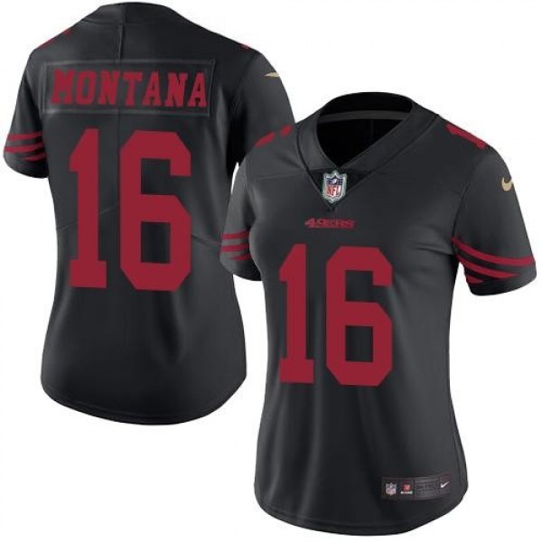 Women's 49ers #16 Joe Montana Black Stitched NFL Limited Rush Jersey