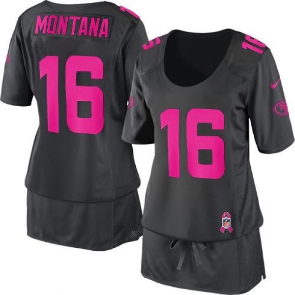 Women's 49ers #16 Joe Montana Dark Grey Breast Cancer Awareness Stitched NFL Elite Jersey
