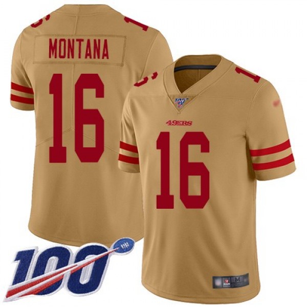 Nike 49ers #16 Joe Montana Gold Men's Stitched NFL Limited Inverted Legend 100th Season Jersey