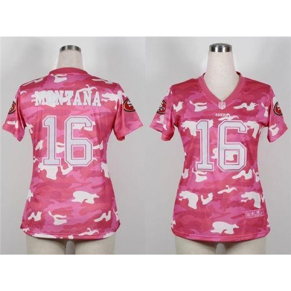 Women's 49ers #16 Joe Montana Pink Stitched NFL Elite Camo Jersey