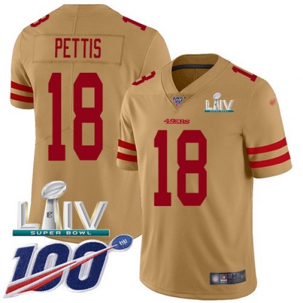 Nike 49ers #18 Dante Pettis Gold Super Bowl LIV 2020 Men's Stitched NFL Limited Inverted Legend 100th Season Jersey