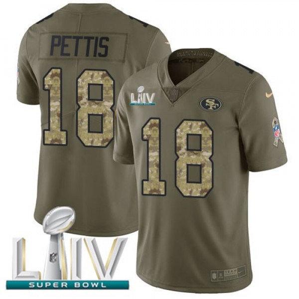 Nike 49ers #18 Dante Pettis Olive/Camo Super Bowl LIV 2020 Men's Stitched NFL Limited 2017 Salute To Service Jersey
