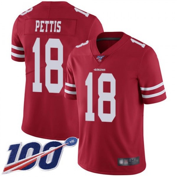 Nike 49ers #18 Dante Pettis Red Team Color Men's Stitched NFL 100th Season Vapor Limited Jersey