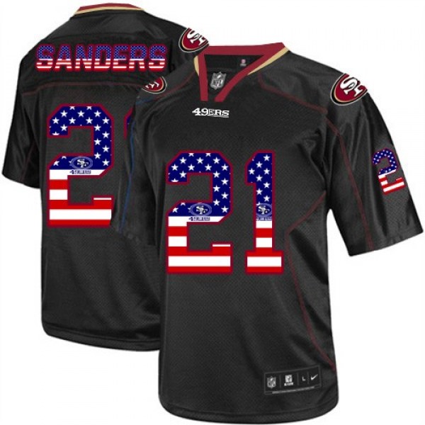 Nike 49ers #21 Deion Sanders Black Men's Stitched NFL Elite USA Flag Fashion Jersey