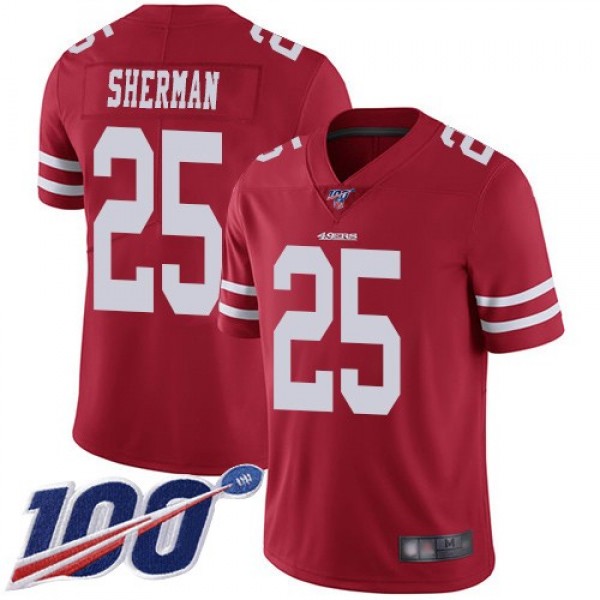 Nike 49ers #25 Richard Sherman Red Team Color Men's Stitched NFL 100th Season Vapor Limited Jersey