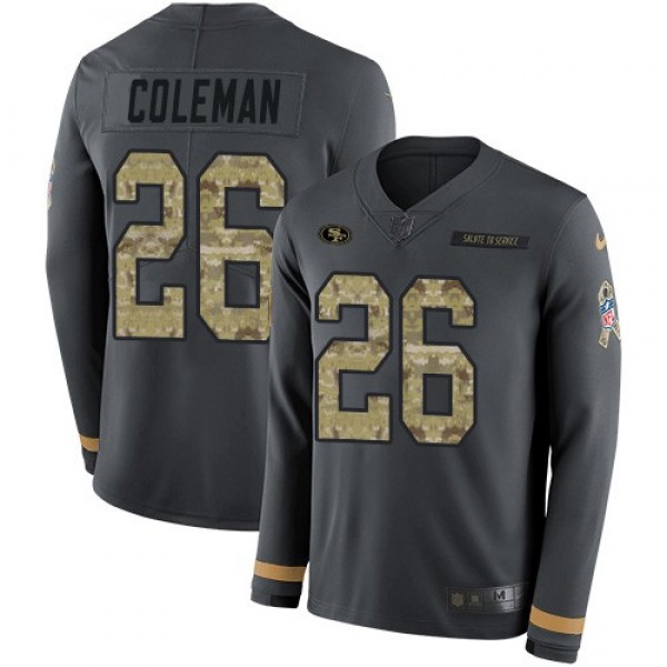 Nike 49ers #26 Tevin Coleman Anthracite Salute to Service Men's Stitched NFL Limited Therma Long Sleeve Jersey