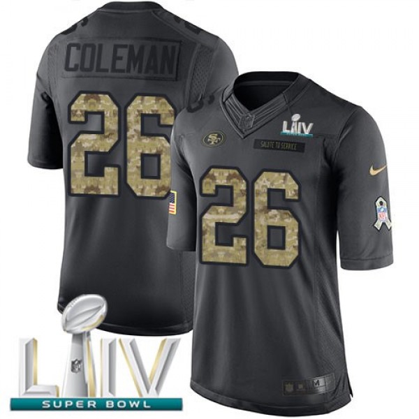 Nike 49ers #26 Tevin Coleman Black Super Bowl LIV 2020 Men's Stitched NFL Limited 2016 Salute to Service Jersey