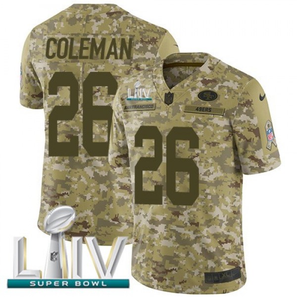Nike 49ers #26 Tevin Coleman Camo Super Bowl LIV 2020 Men's Stitched NFL Limited 2018 Salute To Service Jersey