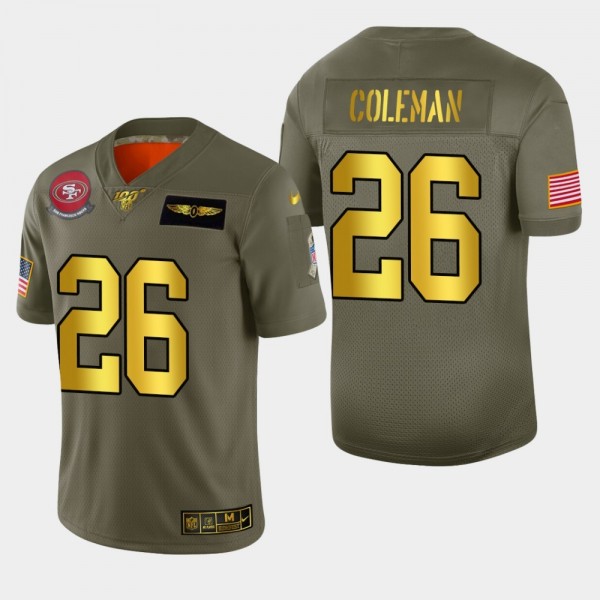 Nike 49ers #26 Tevin Coleman Men's Olive Gold 2019 Salute to Service NFL 100 Limited Jersey