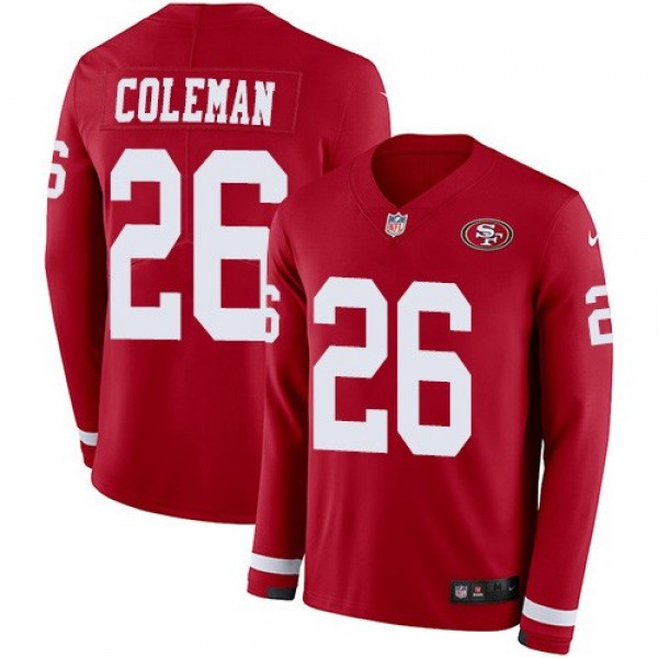 Nike 49ers #26 Tevin Coleman Red Team Color Men's Stitched NFL Limited Therma Long Sleeve Jersey