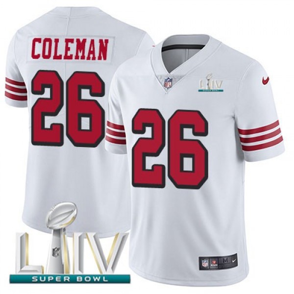 Nike 49ers #26 Tevin Coleman White Super Bowl LIV 2020 Rush Men's Stitched NFL Vapor Untouchable Limited Jersey