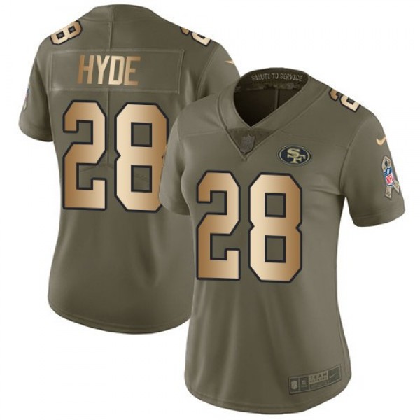 Women's 49ers #28 Carlos Hyde Olive Gold Stitched NFL Limited 2017 Salute to Service Jersey