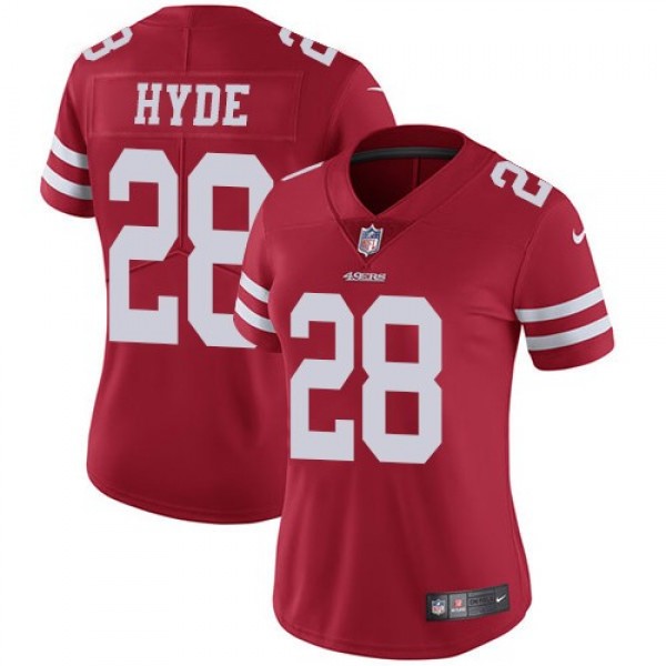 Women's 49ers #28 Carlos Hyde Red Team Color Stitched NFL Vapor Untouchable Limited Jersey