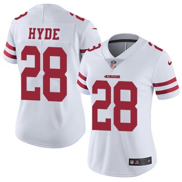 Women's 49ers #28 Carlos Hyde White Stitched NFL Vapor Untouchable Limited Jersey