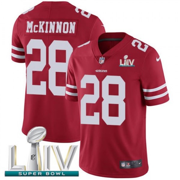 Nike 49ers #28 Jerick McKinnon Red Super Bowl LIV 2020 Team Color Men's Stitched NFL Vapor Untouchable Limited Jersey