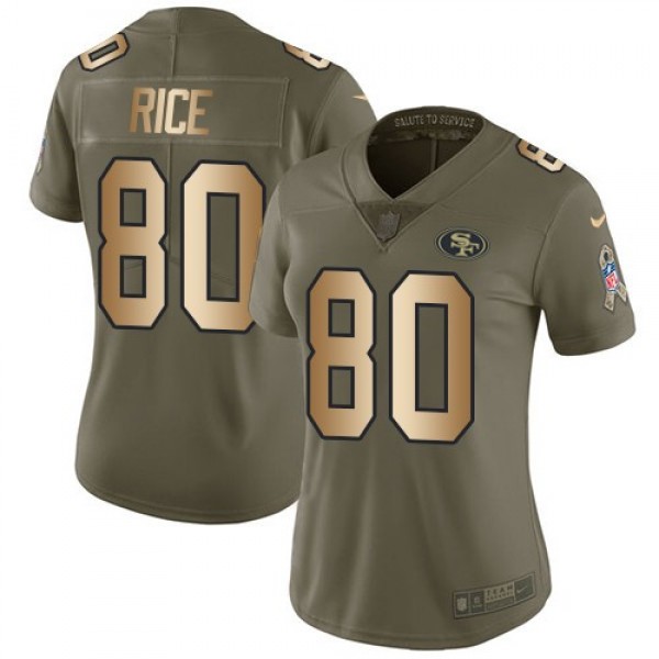 Women's 49ers #80 Jerry Rice Olive Gold Stitched NFL Limited 2017 Salute to Service Jersey