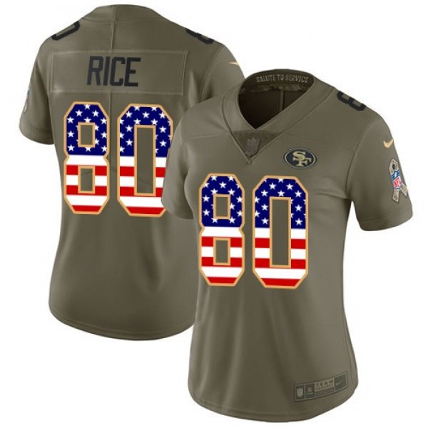 Women's 49ers #80 Jerry Rice Olive USA Flag Stitched NFL Limited 2017 Salute to Service Jersey