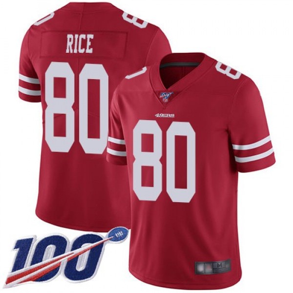 Nike 49ers #80 Jerry Rice Red Team Color Men's Stitched NFL 100th Season Vapor Limited Jersey