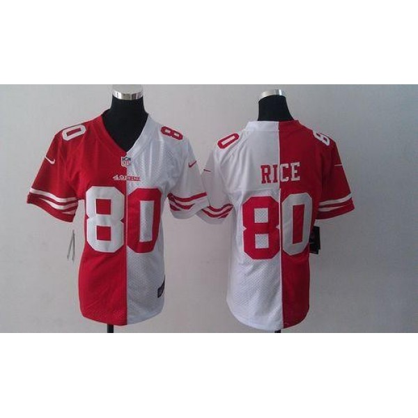Women's 49ers #80 Jerry Rice Red White Stitched NFL Elite Split Jersey