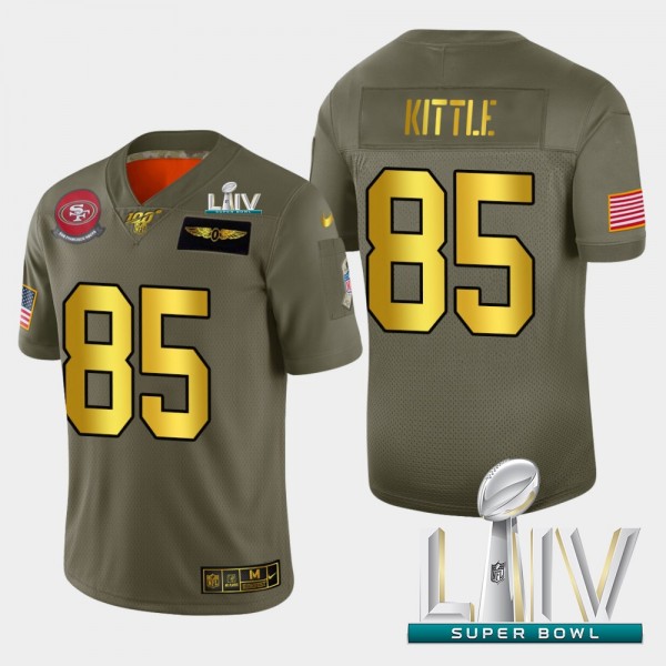 Nike 49ers #85 George Kittle Men's Olive Gold Super Bowl LIV 2020 2019 Salute to Service NFL 100 Limited Jersey