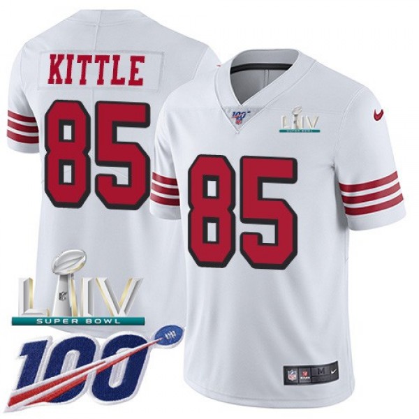 Nike 49ers #85 George Kittle White Super Bowl LIV 2020 Rush Men's Stitched NFL Limited 100th Season Jersey