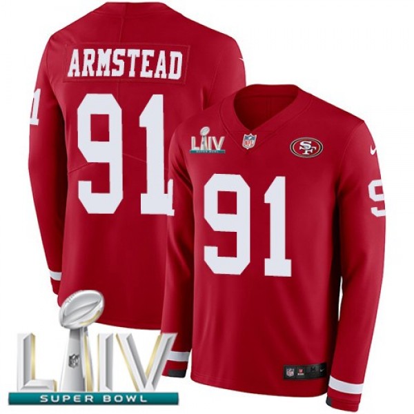 Nike 49ers #91 Arik Armstead Red Super Bowl LIV 2020 Team Color Men's Stitched NFL Limited Therma Long Sleeve Jersey