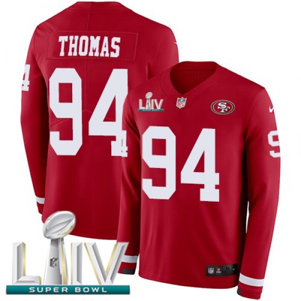 Nike 49ers #94 Solomon Thomas Red Super Bowl LIV 2020 Team Color Men's Stitched NFL Limited Therma Long Sleeve Jersey