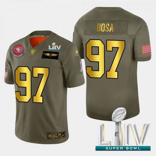 Nike 49ers #97 Nick Bosa Men's Olive Gold Super Bowl LIV 2020 2019 Salute to Service NFL 100 Limited Jersey