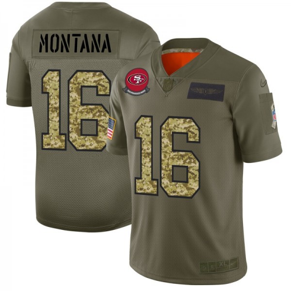 San Francisco 49ers #16 Joe Montana Men's Nike 2019 Olive Camo Salute To Service Limited NFL Jersey