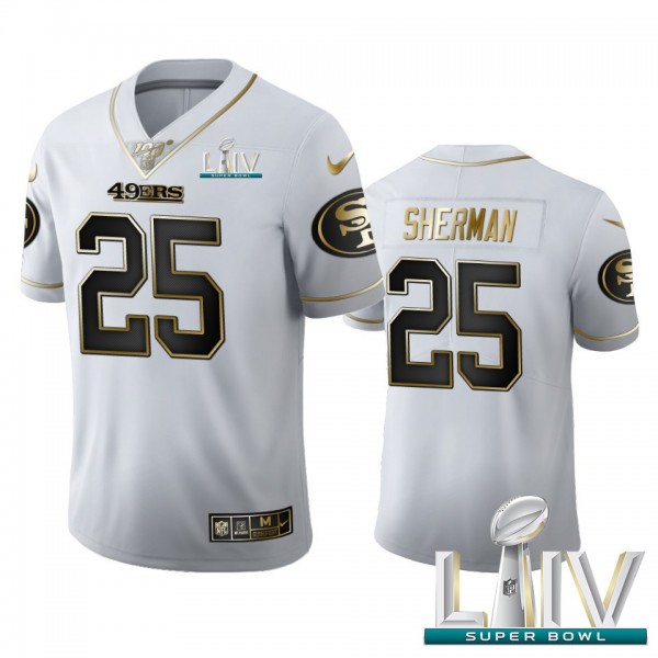 San Francisco 49ers #25 Richard Sherman Men's Nike White Golden Super Bowl LIV 2020 Edition Vapor Limited NFL 100 Jersey