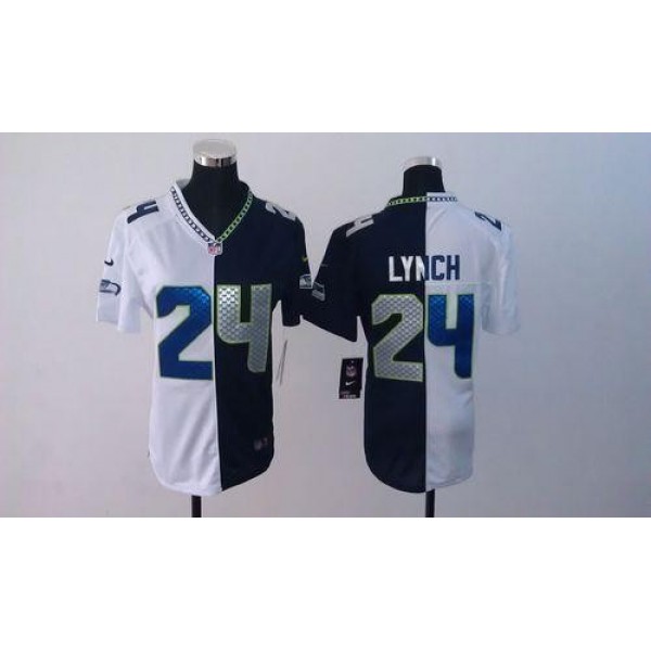 Women's Seahawks #24 Marshawn Lynch Steel Blue White Stitched NFL Elite Split Jersey