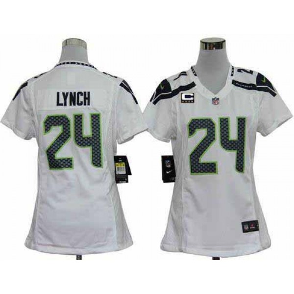 Women's Seahawks #24 Marshawn Lynch White With C Patch Stitched NFL Elite Jersey