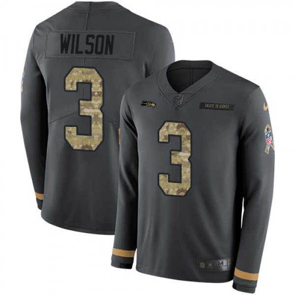 Nike Seahawks #3 Russell Wilson Anthracite Salute to Service Men's Stitched NFL Limited Therma Long Sleeve Jersey