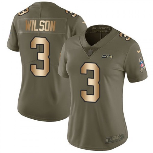 Women's Seahawks #3 Russell Wilson Olive Gold Stitched NFL Limited 2017 Salute to Service Jersey
