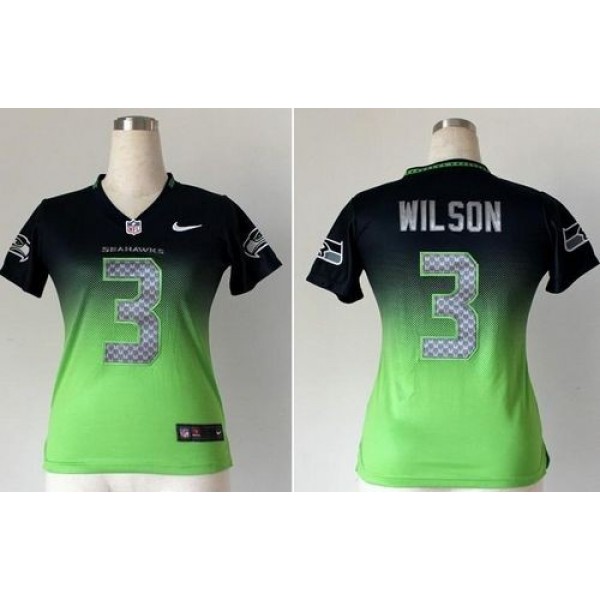 Women's Seahawks #3 Russell Wilson Steel Blue Green Stitched NFL Elite Fadeaway Jersey